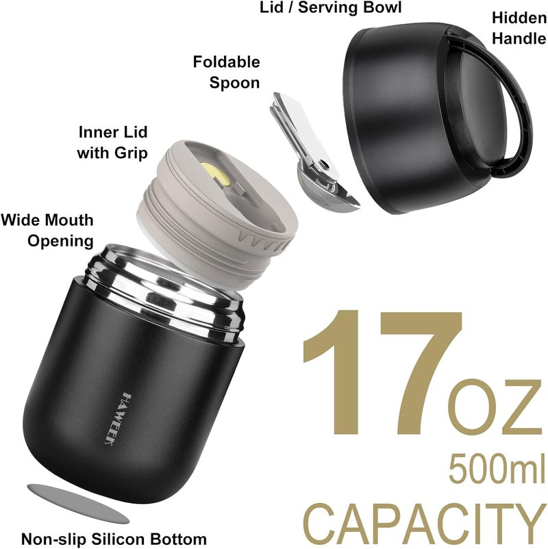 Haweek Insulated Soup Thermo 17oz - Stainless Steel Vacuum Lunch Box for Adults, Kids Leakproof Hot Food Container with Handle Folding Spoon (School Office Outdoor) - Image 2